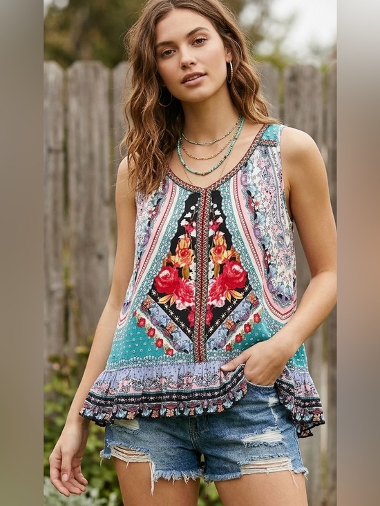 Bila Tops - Bila Boho Floral Print Sleeveless Top in Teal with Ruffle Bottom SZ L
